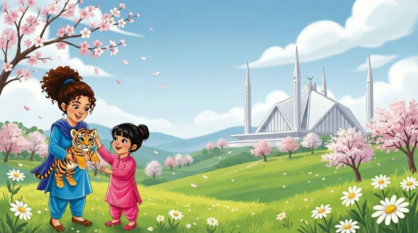 Children with tiger cub near Faisal Mosque